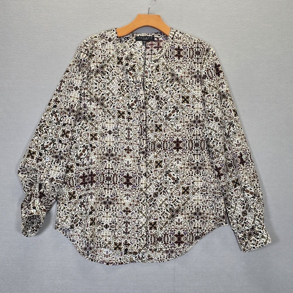 Sanctuary Blouse White/Brown Geometric Print Long Sleeve Button Up Size L